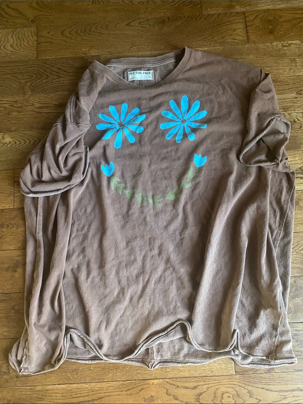 We The Free Brown Long Sleeve Tee with Blue Floral SmileyM